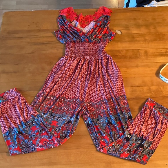 Pants - Vibrant Red and Blue Patterned Jumpsuit